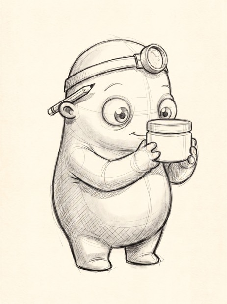 Pencil sketch of a small creature admiring the front of a cosmetic jar