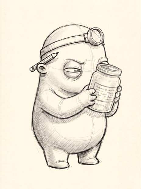 Pencil sketch of the creature turning the jar around to squint at the back