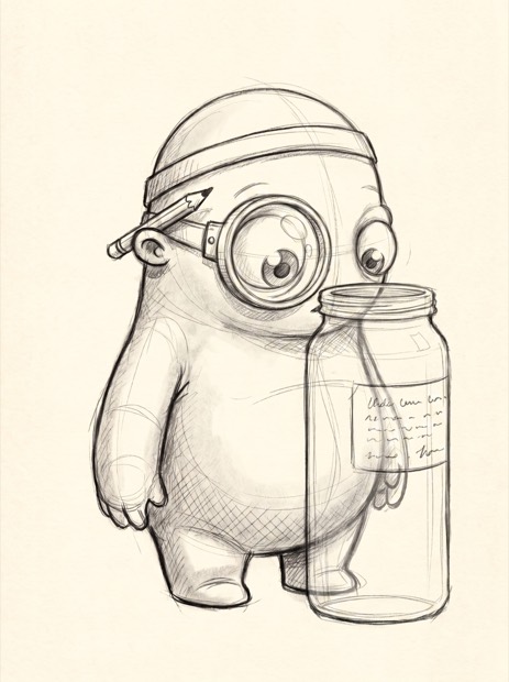 Pencil sketch of the creature reading a label through a jeweller's loupe