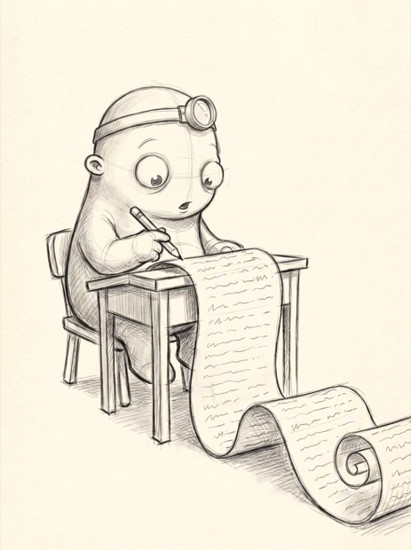 Pencil sketch of the creature at a desk working down an enormous unrolled list