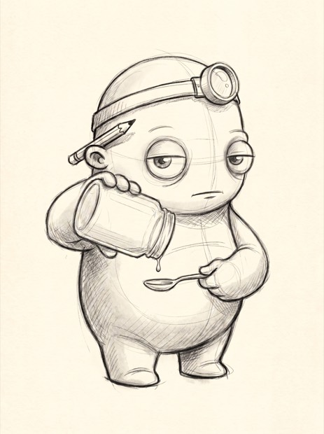 Pencil sketch of the creature tipping the jar upside down; a single drop falls into a teaspoon